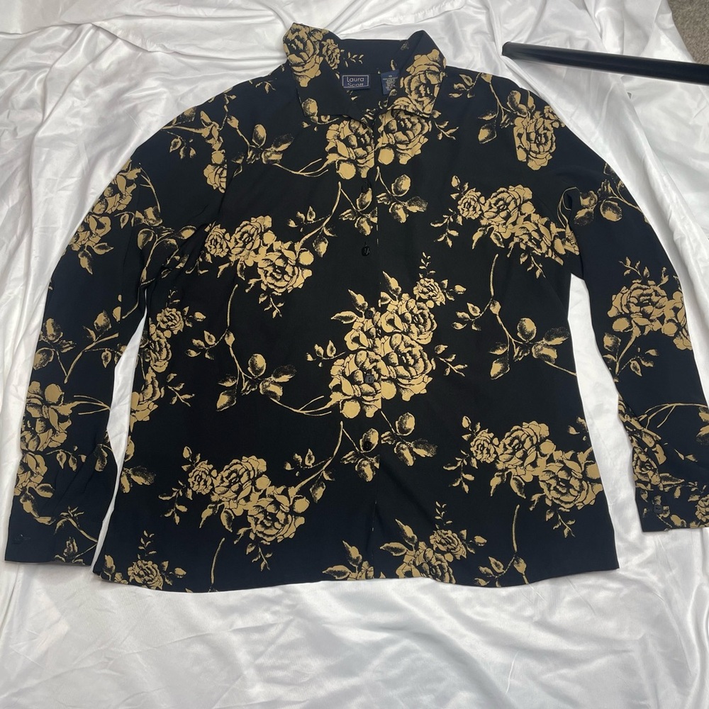 Laura Scott Floral Black and Gold Button-Up Blouse, Size 18